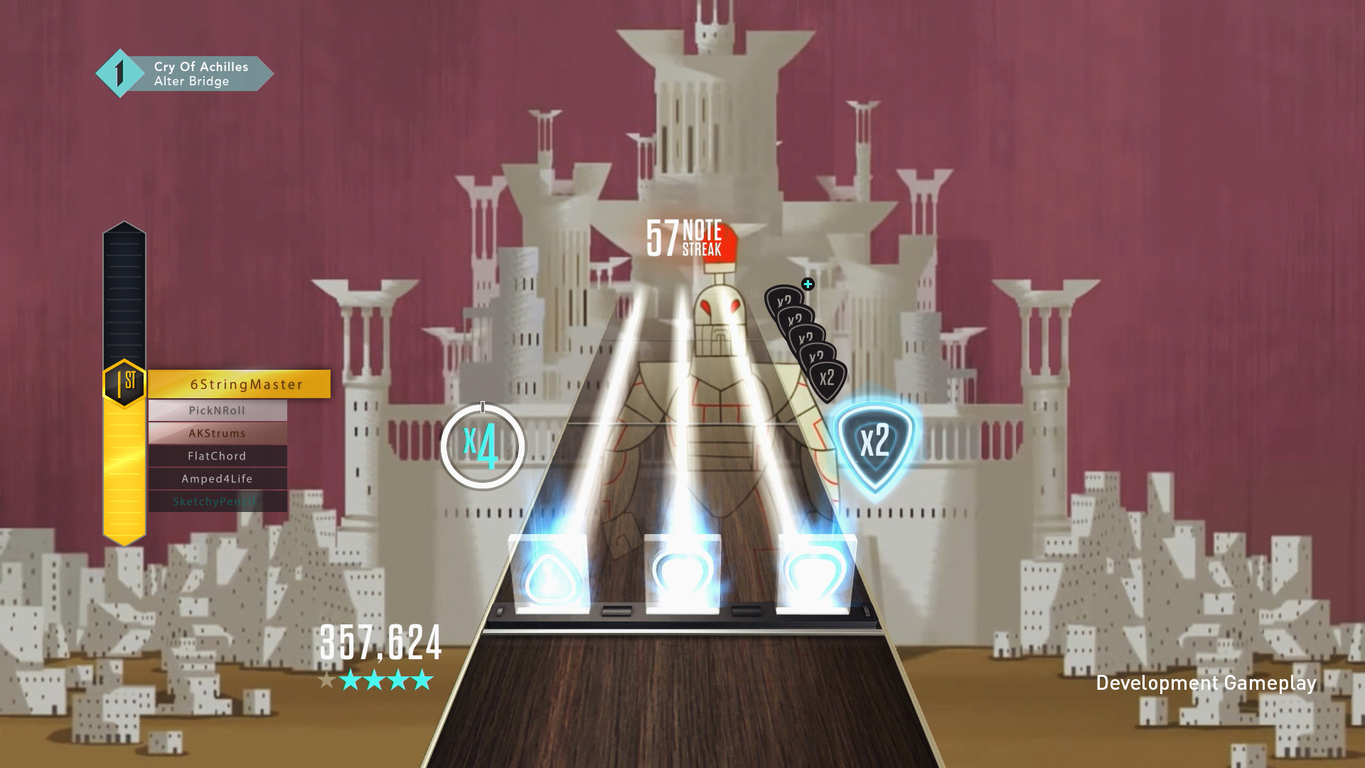 Guitar Hero TV mode on PS4 showcasing gameplay overlaid on a music video with double multiplier hero power.