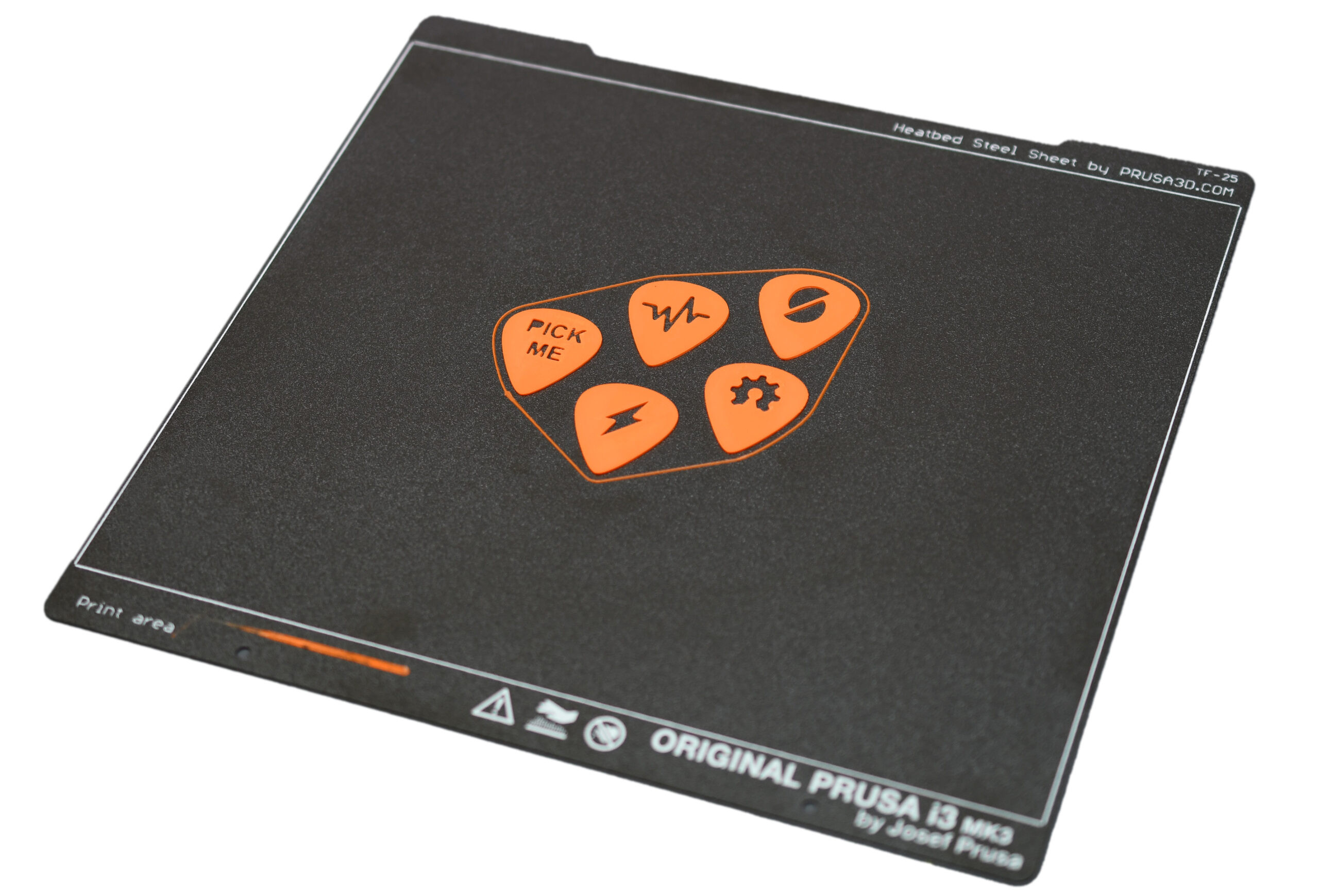 A variety of 3D-printed guitar picks with different stencil-like logos and designs added using modifiers
