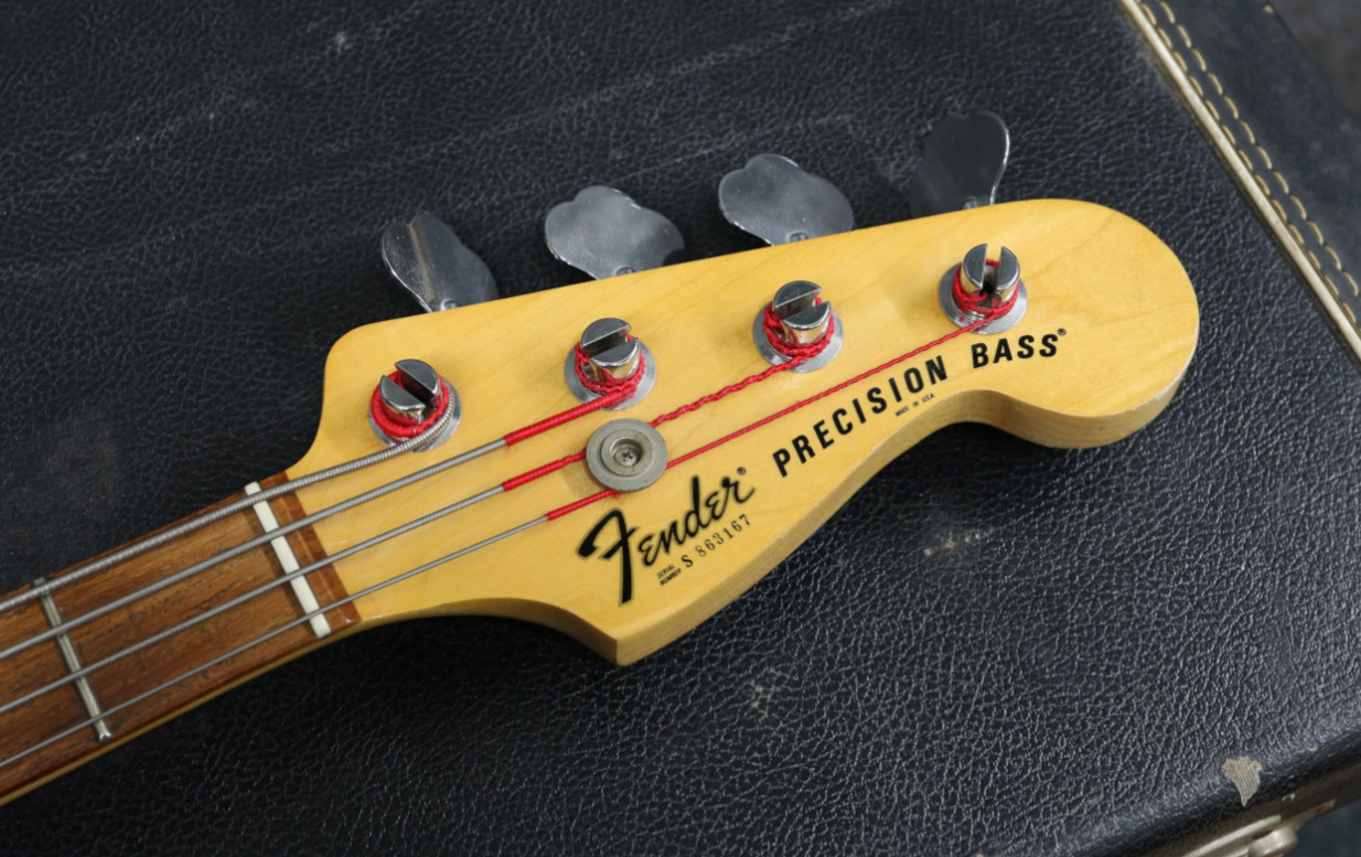 Image displaying the headstock of a 1978 Precision Bass, showing the serial number placement on the headstock.