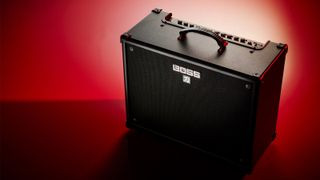 Boss Katana beginner guitar amp on a red background