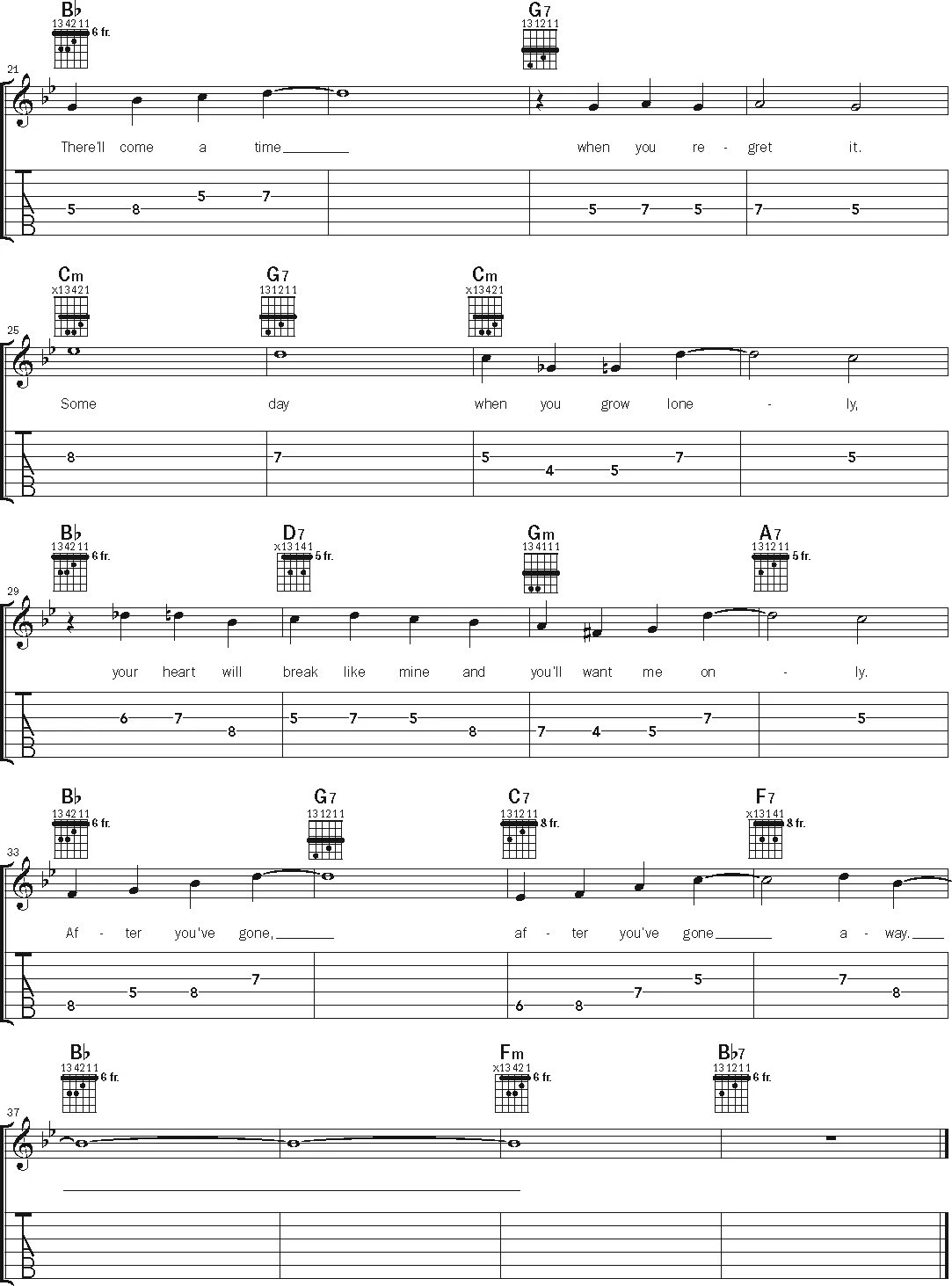 Guitar notation for After You've Gone song using barre chords