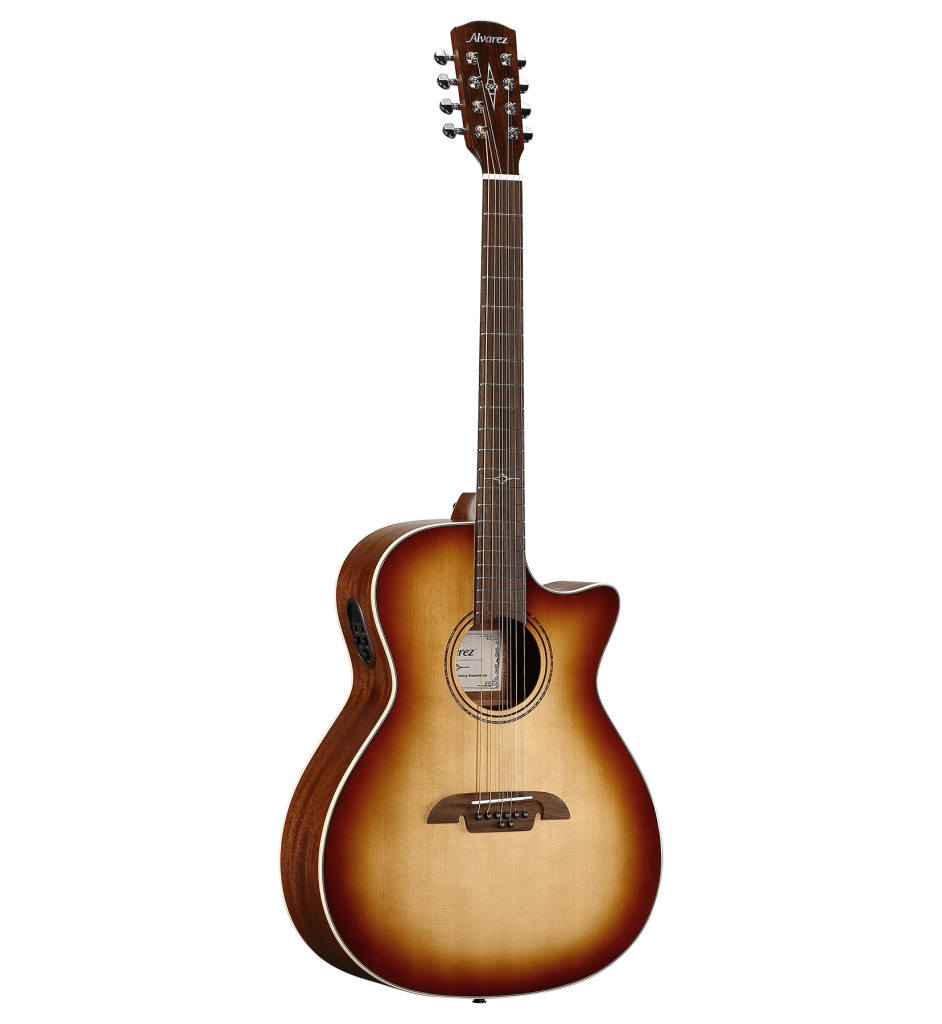 Alvarez AG60ce 8-String Shadowburst Artist Grand Auditorium acoustic-electric 8-string guitar with cutaway and shadowburst finish, grand auditorium 8-string option.