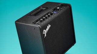 Fender Mustang LT25 modeling guitar amplifier on a blue background