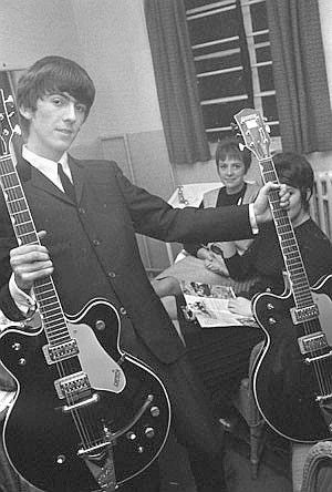 Both of George Harrison's Gretsch Country Gentleman guitars photographed together in 1963