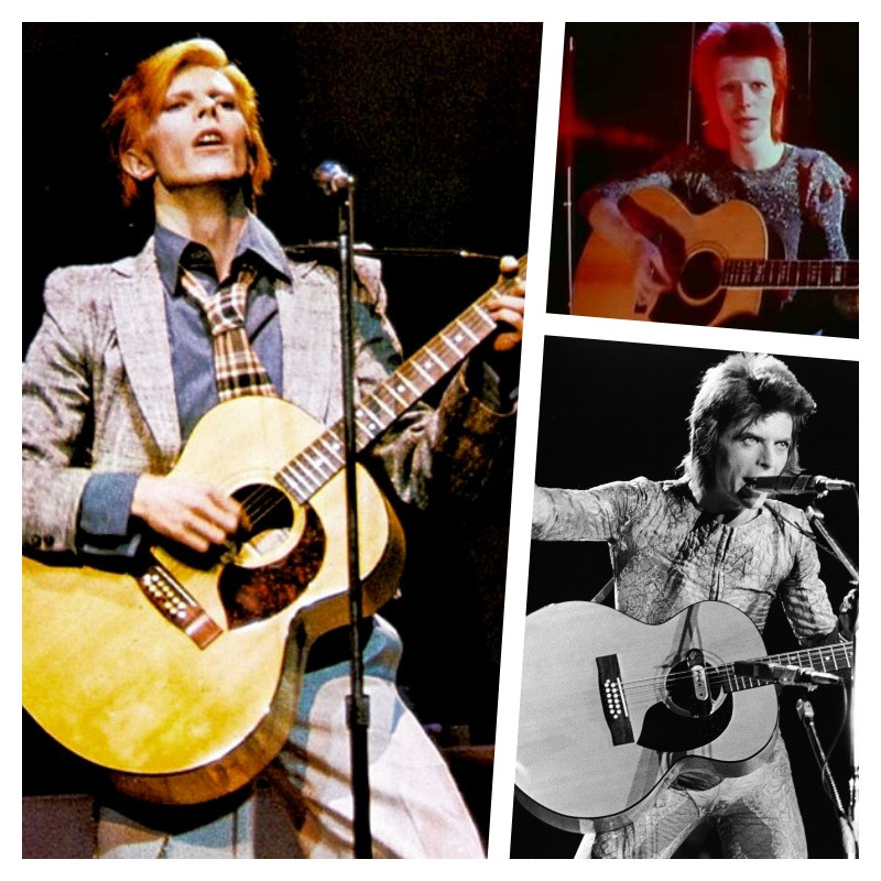 Collage showing David Bowie with his Harptone 12-string Jumbo acoustic guitar