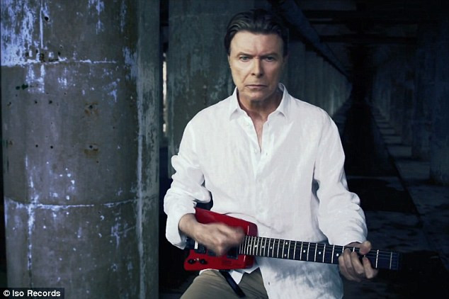 David Bowie playing his red Hohner G2 headless guitar