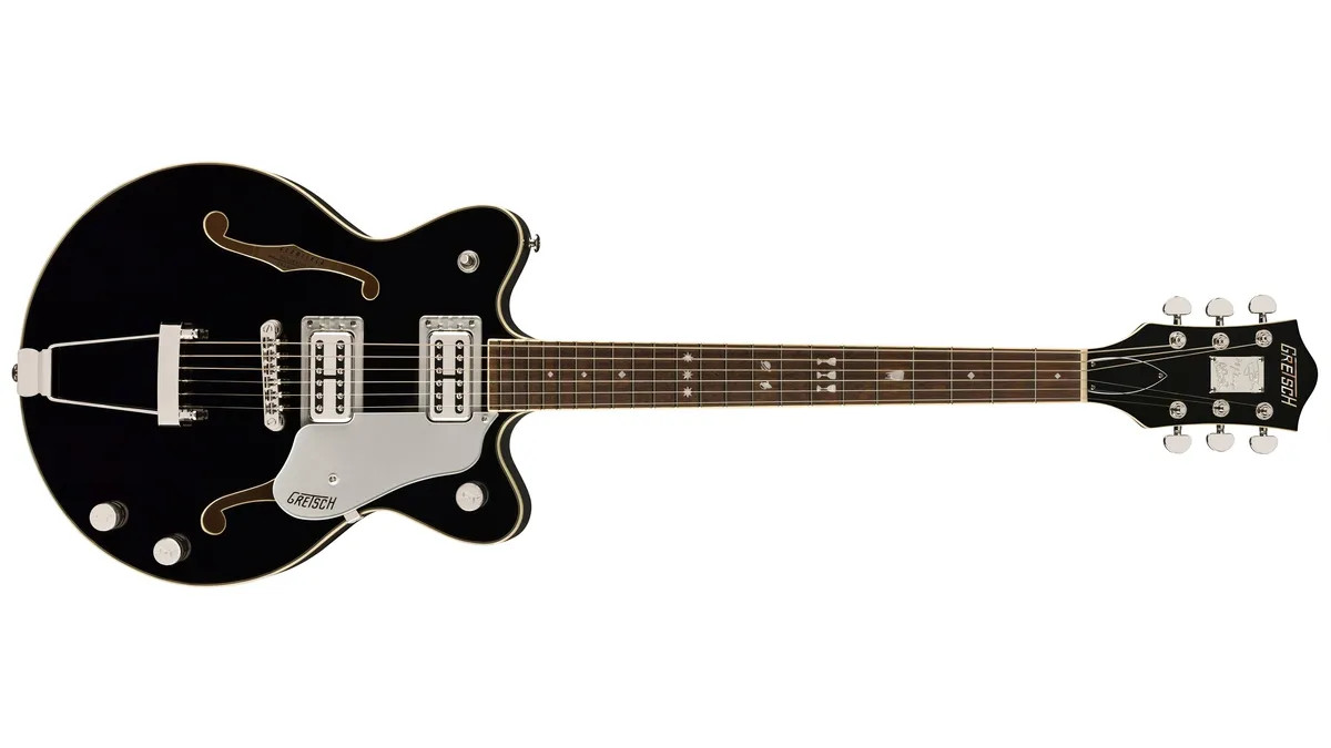 A close-up angled view of the Gretsch boygenius Broadkaster Jr guitar highlighting its headstock with the band's signatures and logo.