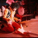 Jimi Hendrix burning his Stratocaster guitar at the Monterey Pop Festival, 1967