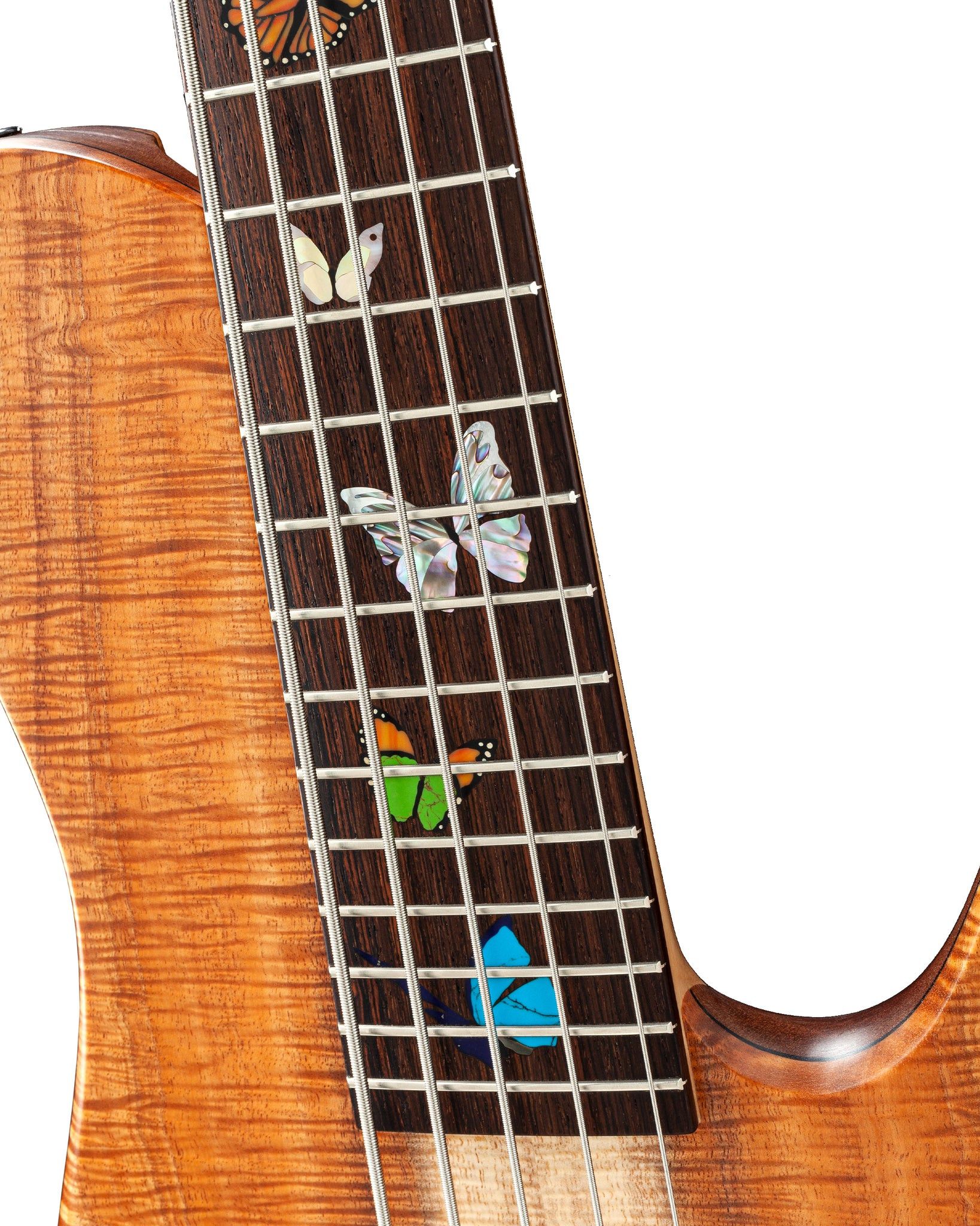Angled shot of the Butterfly Guitar displaying the full body, neck, and butterfly inlay from a player's perspective.