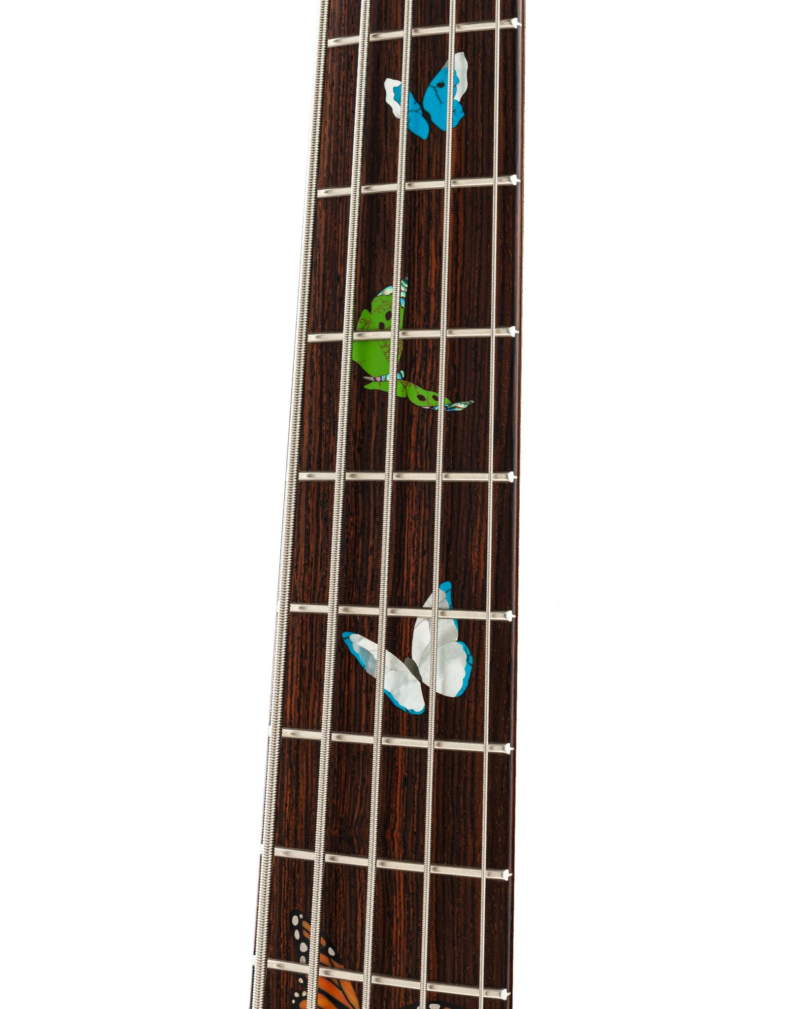 Detail of the Butterfly Guitar's body, emphasizing the Flame Koa topwood and the beginning of the butterfly inlay cascade.