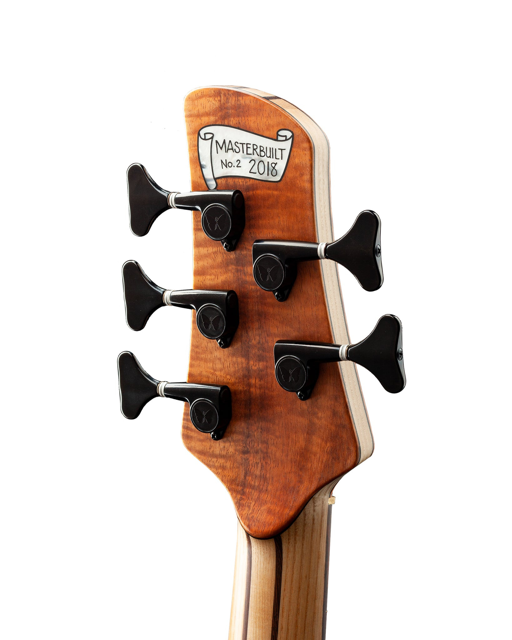 Side view of the Butterfly Guitar showcasing the body depth, neck profile, and the continuous flow of the butterfly inlay design.