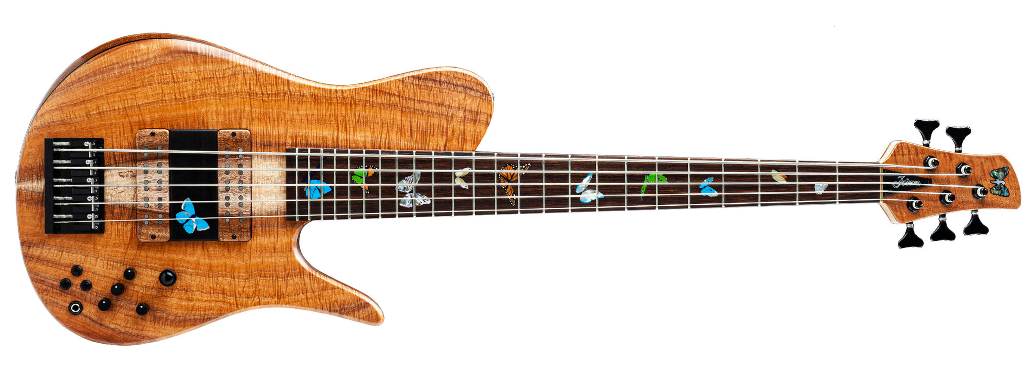 Close-up of the butterfly inlay on the headstock and neck of the Butterfly Guitar, showcasing intricate details.