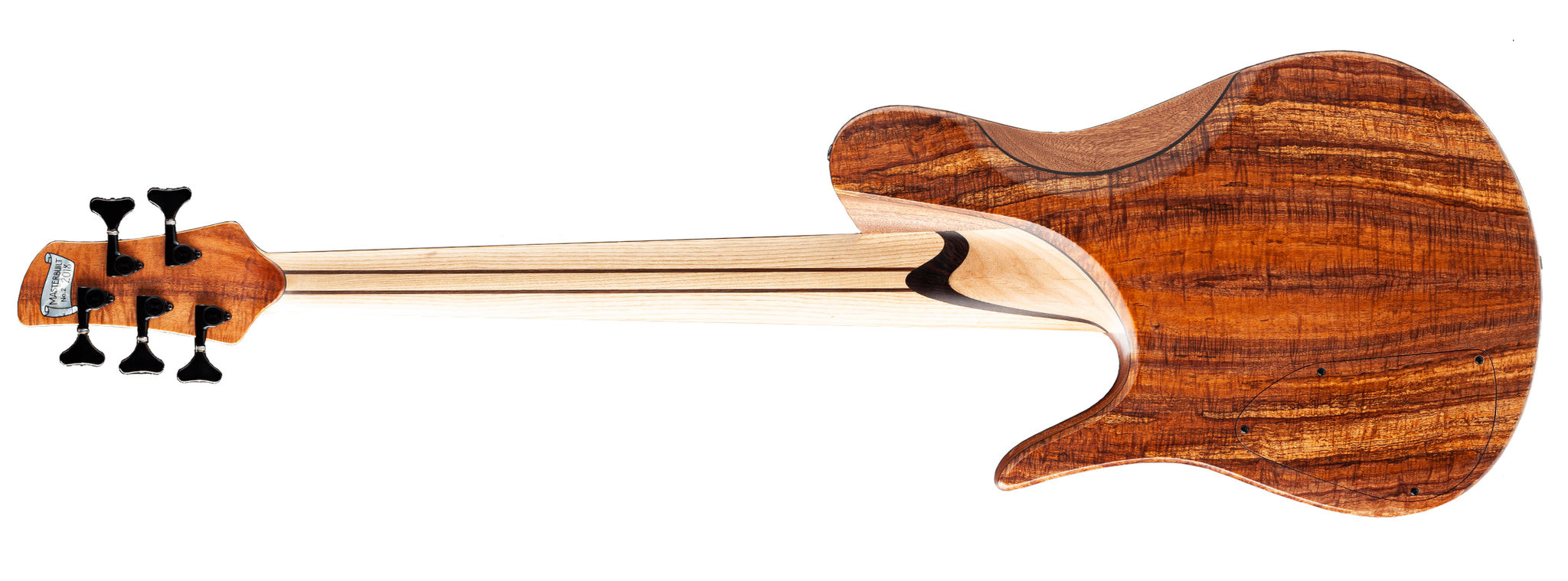 Full view of the Butterfly Guitar from the rear, highlighting the Flame Koa back veneer and body contours.
