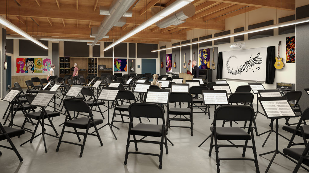 A person teaching guitar in a classroom setting