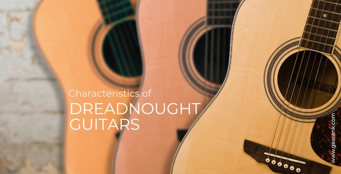 Infographic illustrating the key characteristics of dreadnought guitars, including dimensions and sound profile.