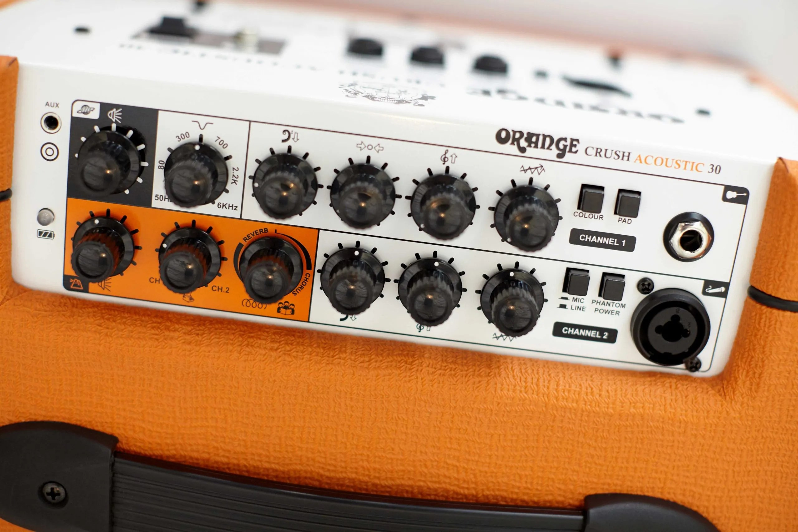 Orange Crush Acoustic 30 control panel showcasing intuitive layout and signature hieroglyphics.