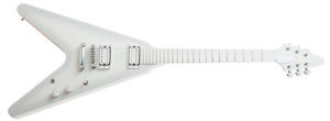 Epiphone Snow Falcon white star shaped guitar, a budget-friendly model co-created with Brendon Small of Dethklok, featuring an all-white finish and gig bag.