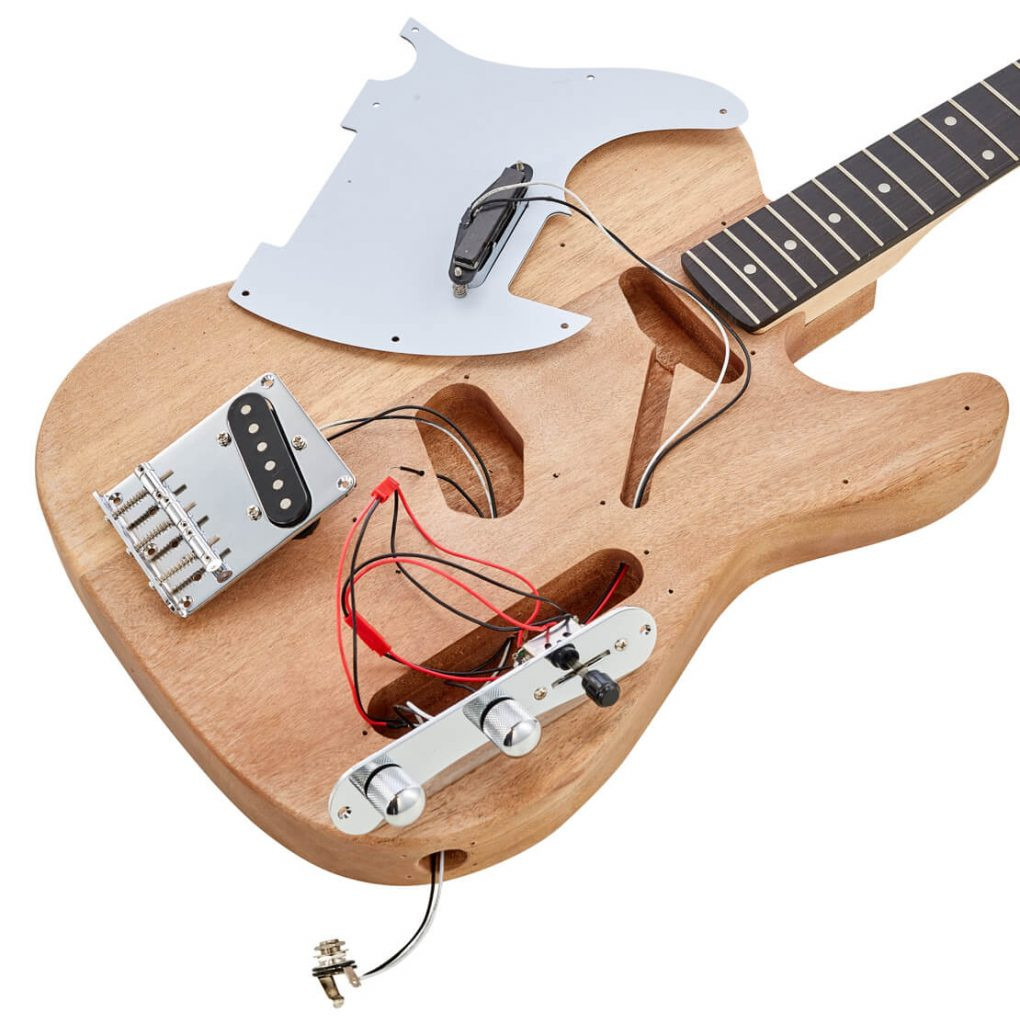 Assembled DIY guitar kit showcasing body shape