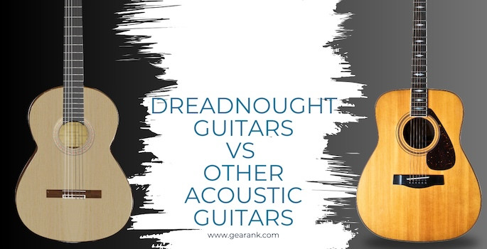 Comparison chart of dreadnought guitars against other acoustic guitar body shapes, highlighting differences in shape and sound.