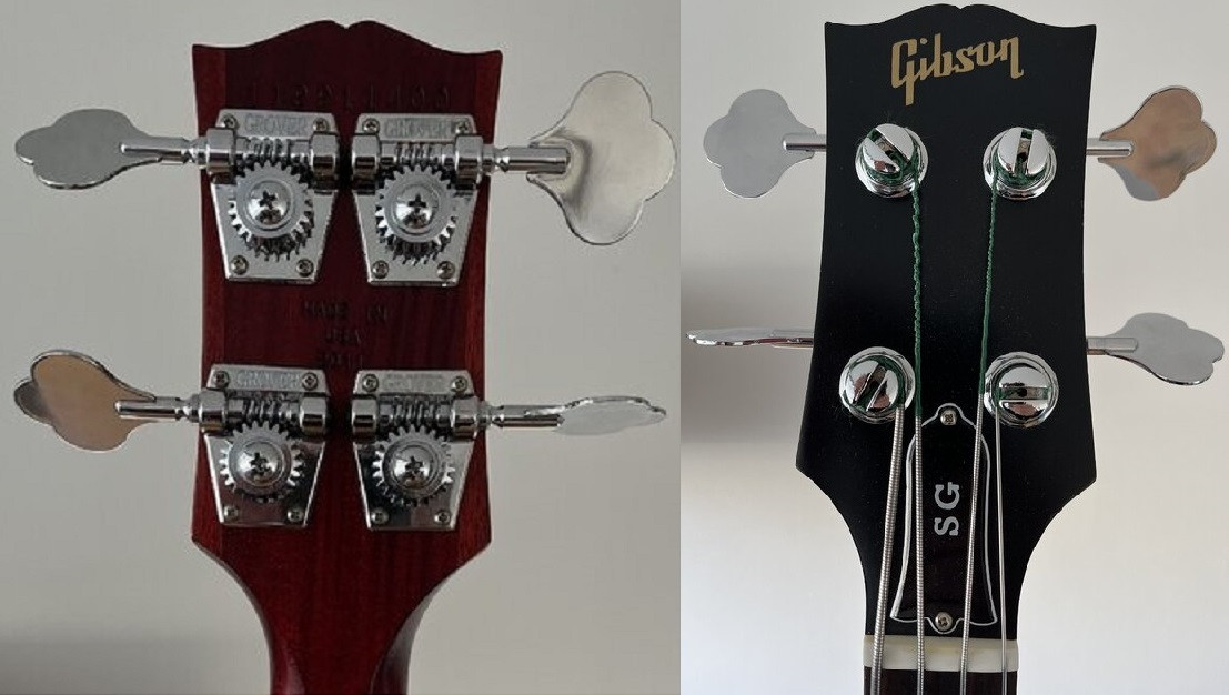 Full view of a Gibson SG bass guitar, demonstrating its satin nitrocellulose finish and overall design.