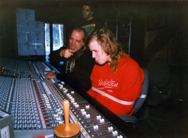 Jeff Healey, Ed Stasium, and JR enjoying a lighthearted moment during the "Hell To Pay" recording sessions in 1990