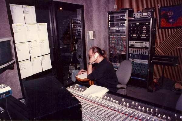 Ed Stasium in Le Studio control room during the Jeff Healey &quot;Hell To Pay&quot; sessions, taking the call from George Harrison.