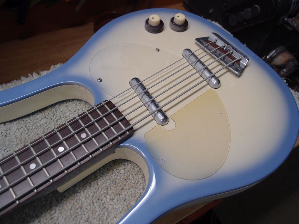 Image showing the aged, yellowed pickguard of the Danelectro Longhorn Bass guitar