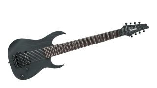 Front view of a black Ibanez M80M 8-string electric guitar