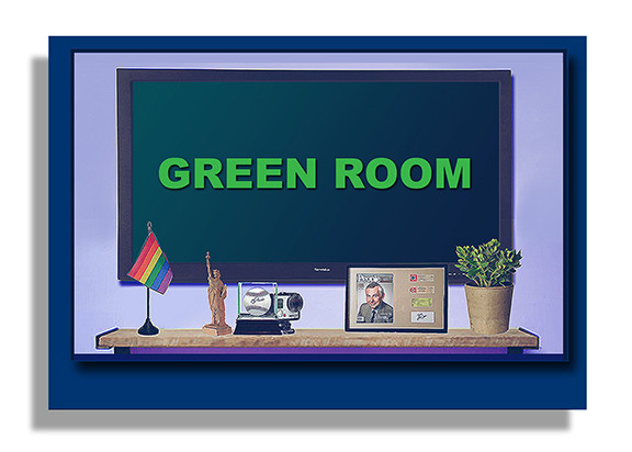 Promotional image for &quot;THE GREEN ROOM&quot; play, highlighting That Guitar Man's playwriting work