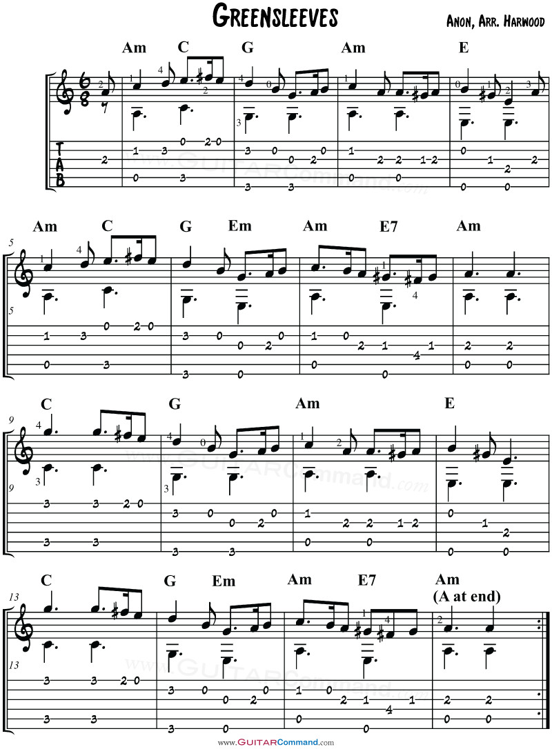 Greensleeves Guitar TAB with Chords