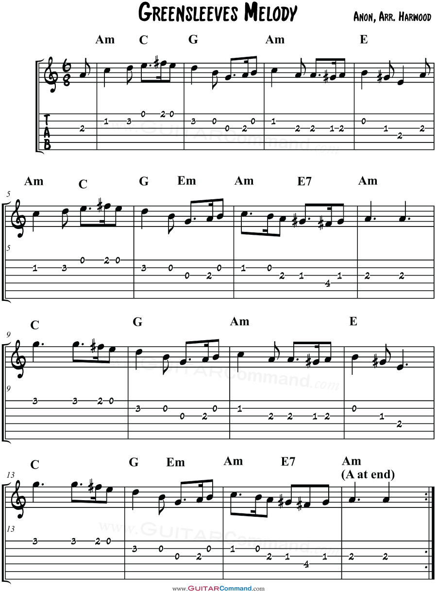 Greensleeves Melody TAB