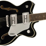 The Gretsch boygenius Broadkaster Jr. signature guitar in black, showcasing its sleek design and body shape.