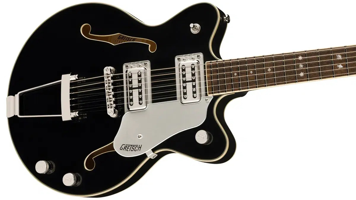 The Gretsch boygenius Broadkaster Jr. signature guitar in black, showcasing its sleek design and body shape.