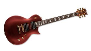 Close-up of the body of a violet ESP LTD EC-1000 electric guitar showcasing its finish