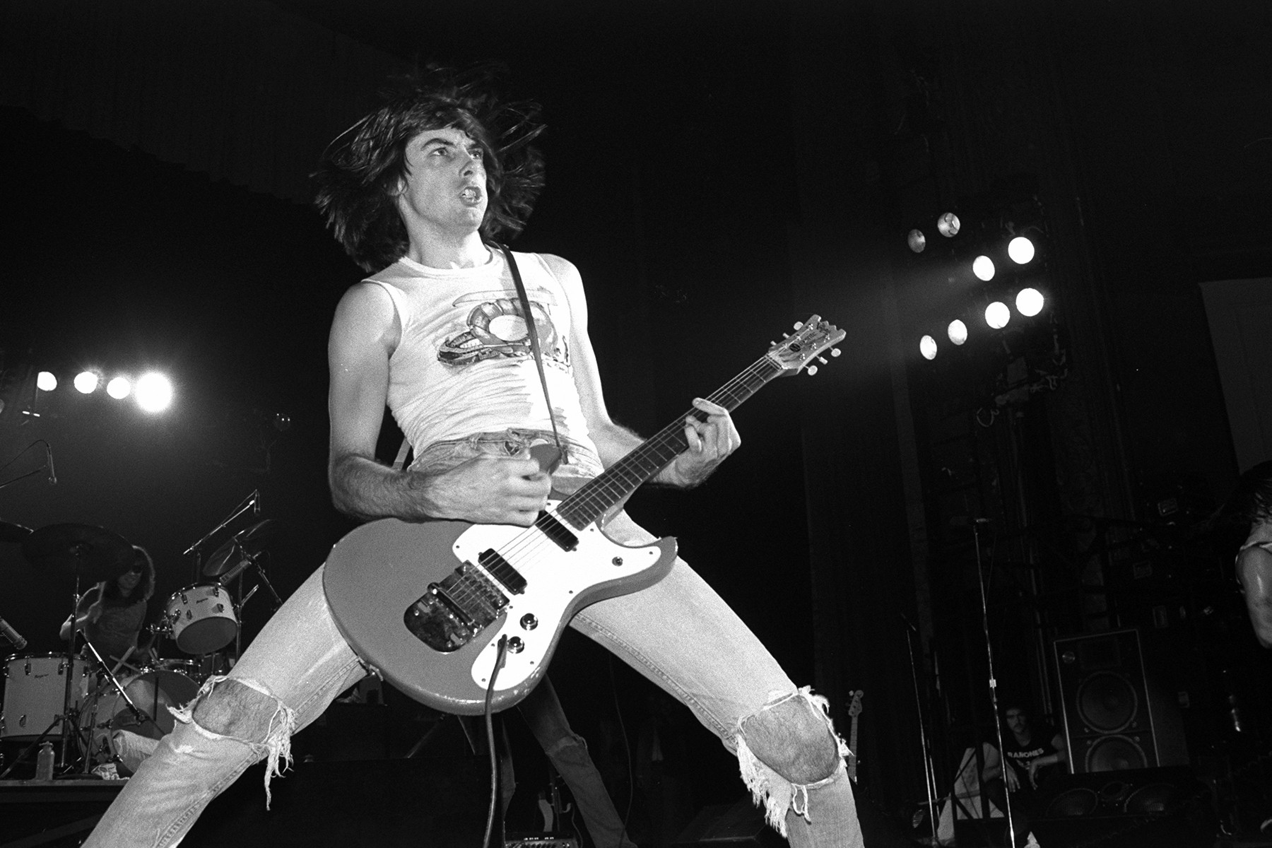 Johnny Ramone performing live in New York in 1978, wielding his Mosrite guitar and delivering his buzzsaw rhythm style