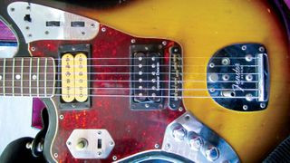 Close up of the bridge and body of Kurt Cobain's Fender Jaguar