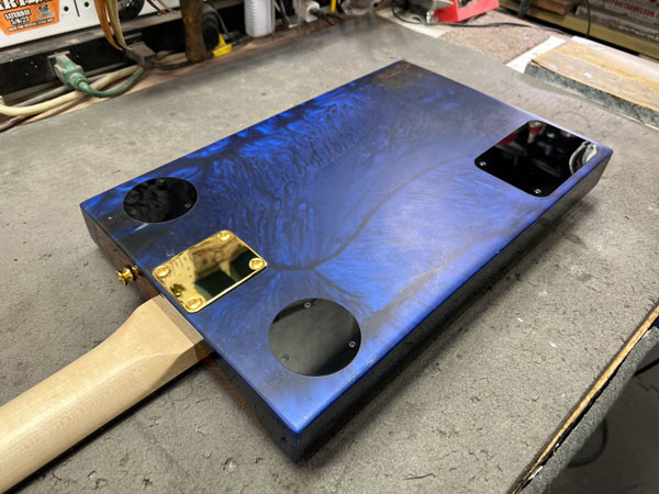 Custom black control plates crafted from vinyl pickguard material, adding a stylish and functional element to the guitar's design.