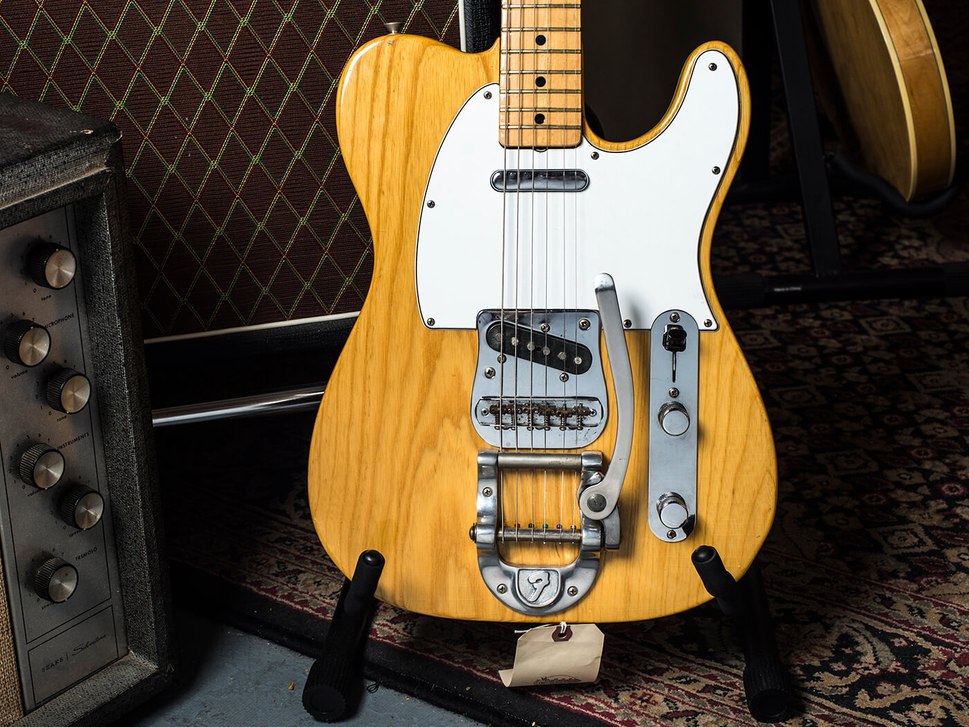 A 1974 Fender Telecaster with an original 'F' Bigsby tremolo, featured at Imperial Vintage, a guitar store in Los Angeles