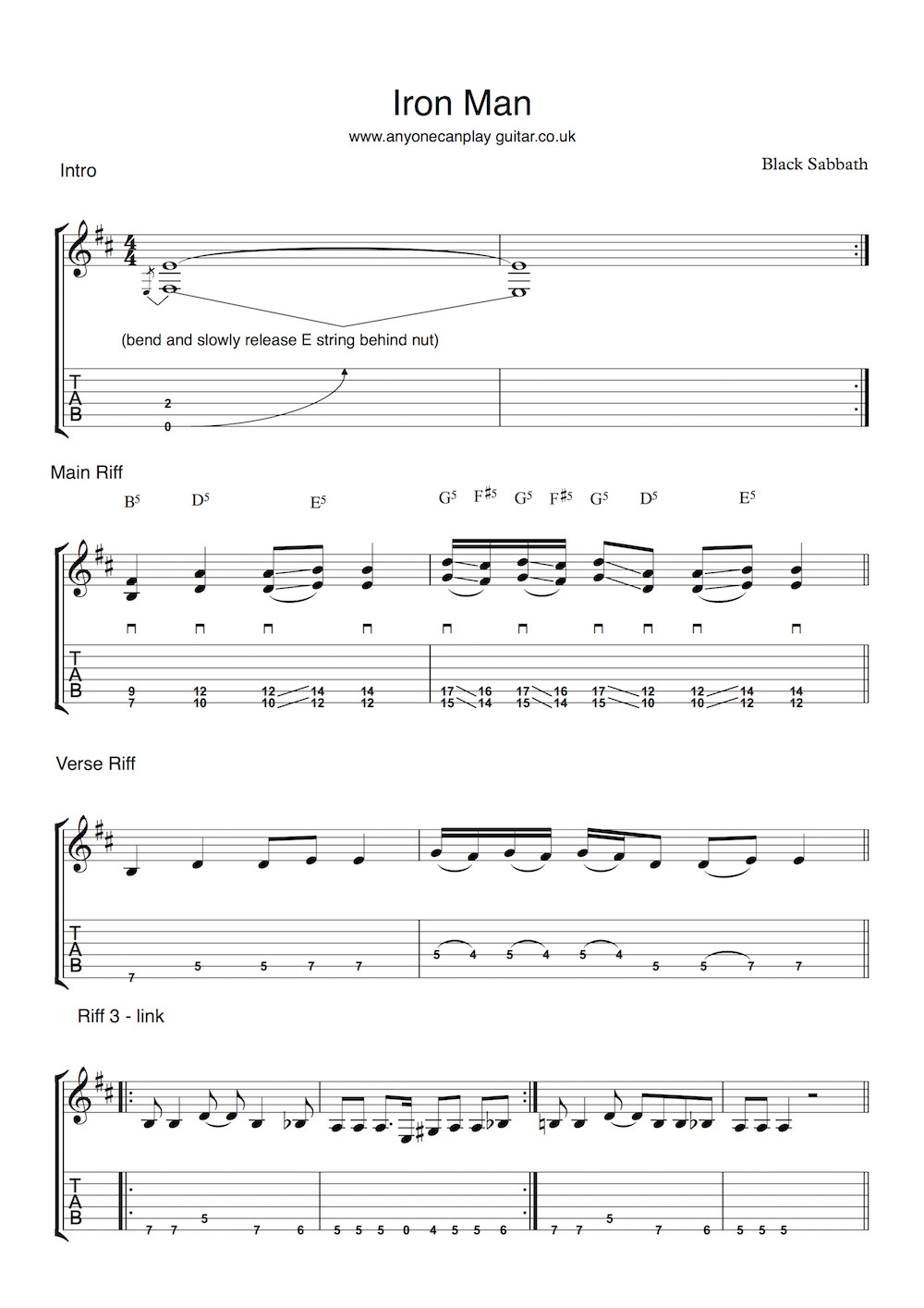 Iron Man Guitar Tab Page 1: Learn the intro and main riff notation for Black Sabbath's iconic song, perfect for guitar players.