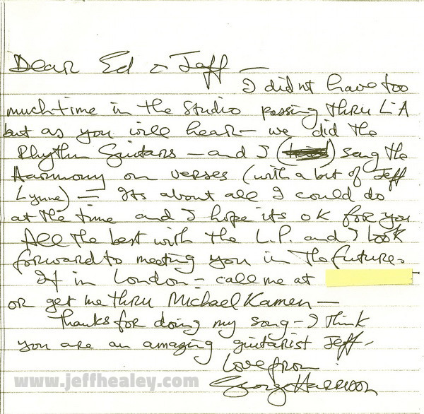 A personal letter from George Harrison to Ed Stasium, detailing his recording contributions to Jeff Healey's &quot;While My Guitar Gently Weeps&quot;.