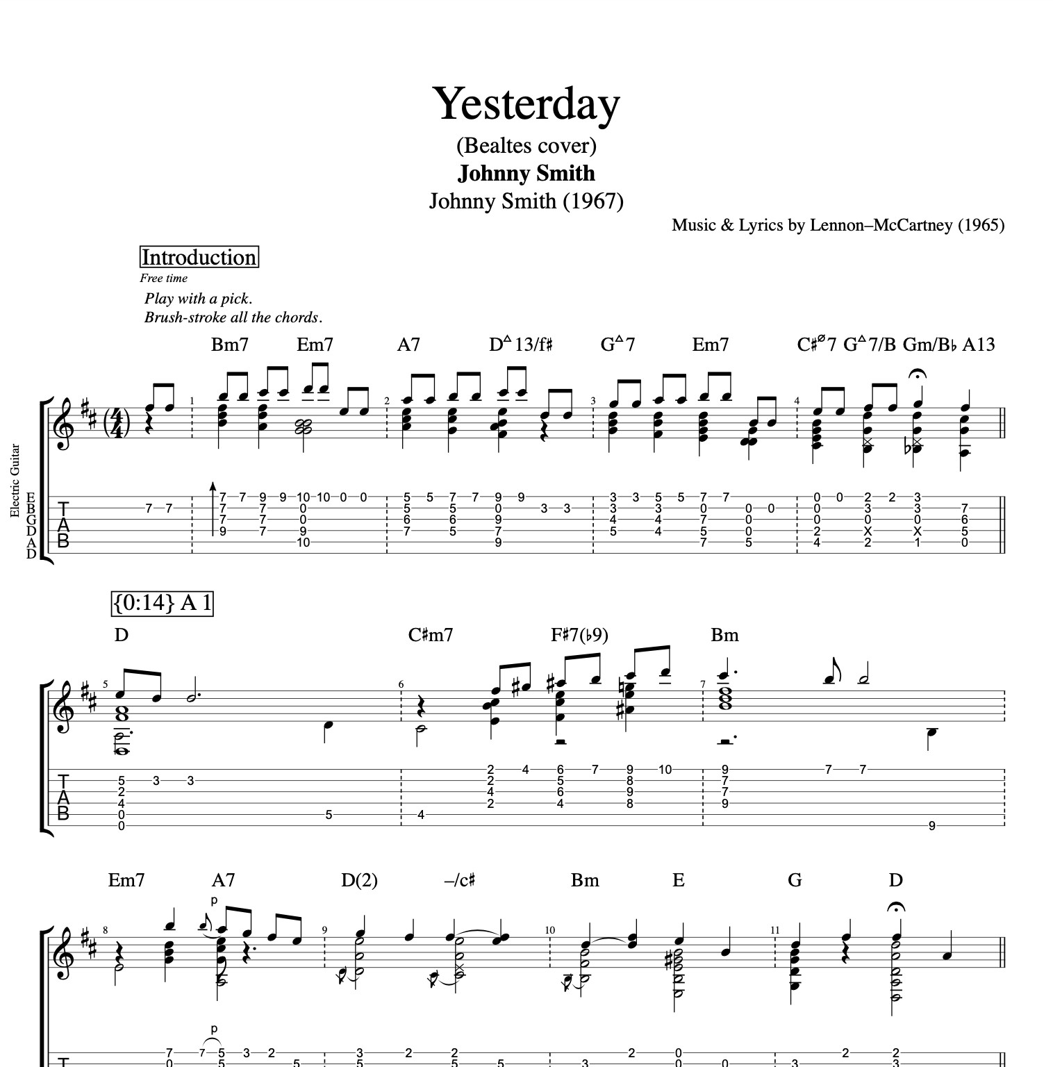 Yesterday Guitar Tabs by Johnny Smith - Electric Jazz Guitar Transcription