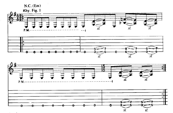 Verse riff notation from a 1988 Cherry Lane Music Company transcription, Creeping Death Music copyright