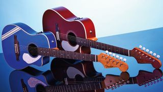 Fender acoustic guitars in various colors and body styles against a blue background