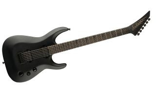 Angled shot of a black Jackson Pro Plus XT Soloist Baritone electric guitar