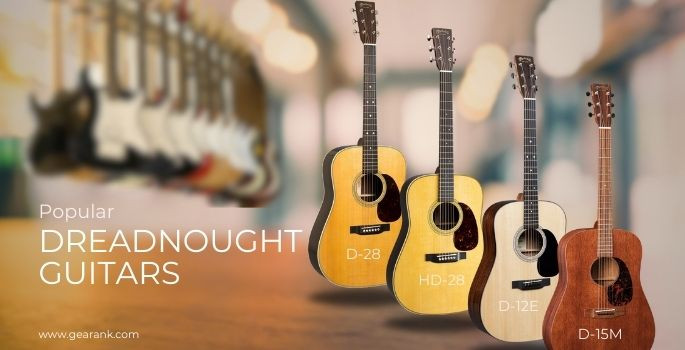 Collage of popular dreadnought guitar models, showcasing different brands and styles.
