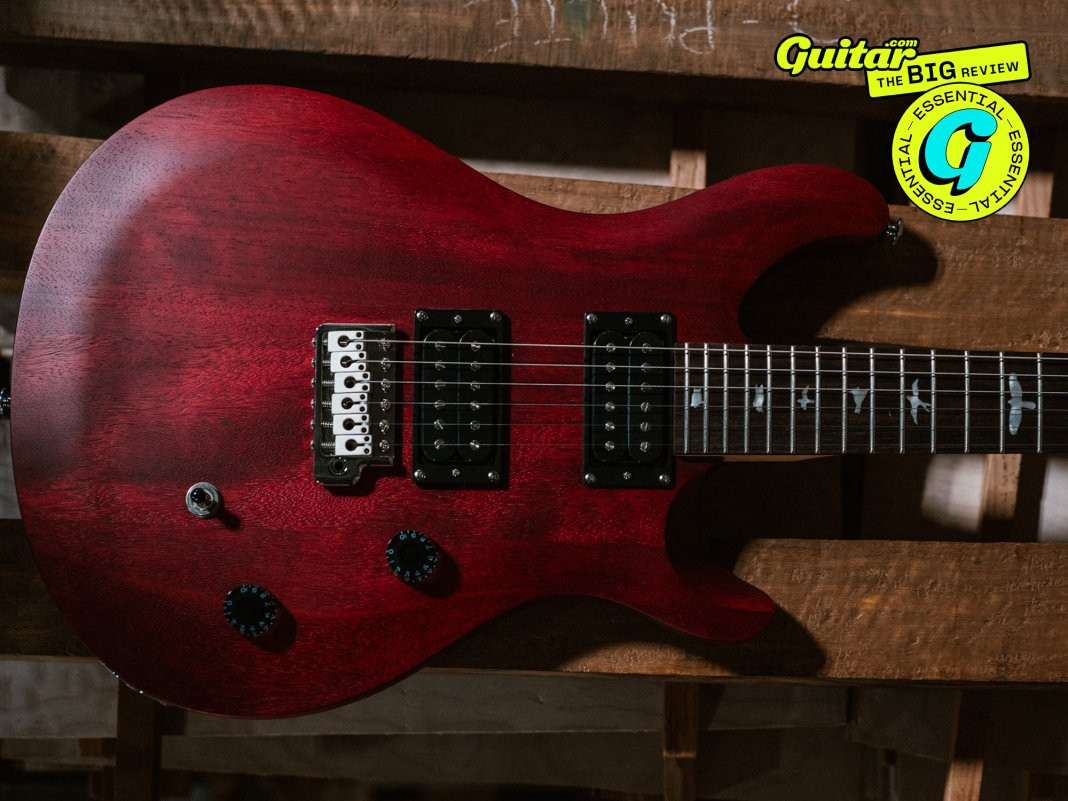 Close-up of the PRS SE CE 24 Standard Satin electric guitar body, showcasing its satin finish and humbucker pickups