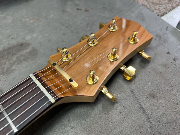 Full view of the completed Bo Diddley inspired guitar, showcasing its unique rectangular shape and the blend of historical wood with modern components.