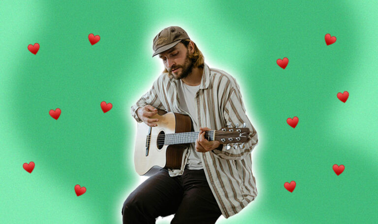 Acoustic guitar leaning against a chair, representing the instrument often associated with serenades