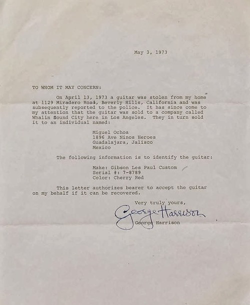 Letter confirming the theft and recovery of George Harrison's &quot;Lucy&quot; Les Paul guitar