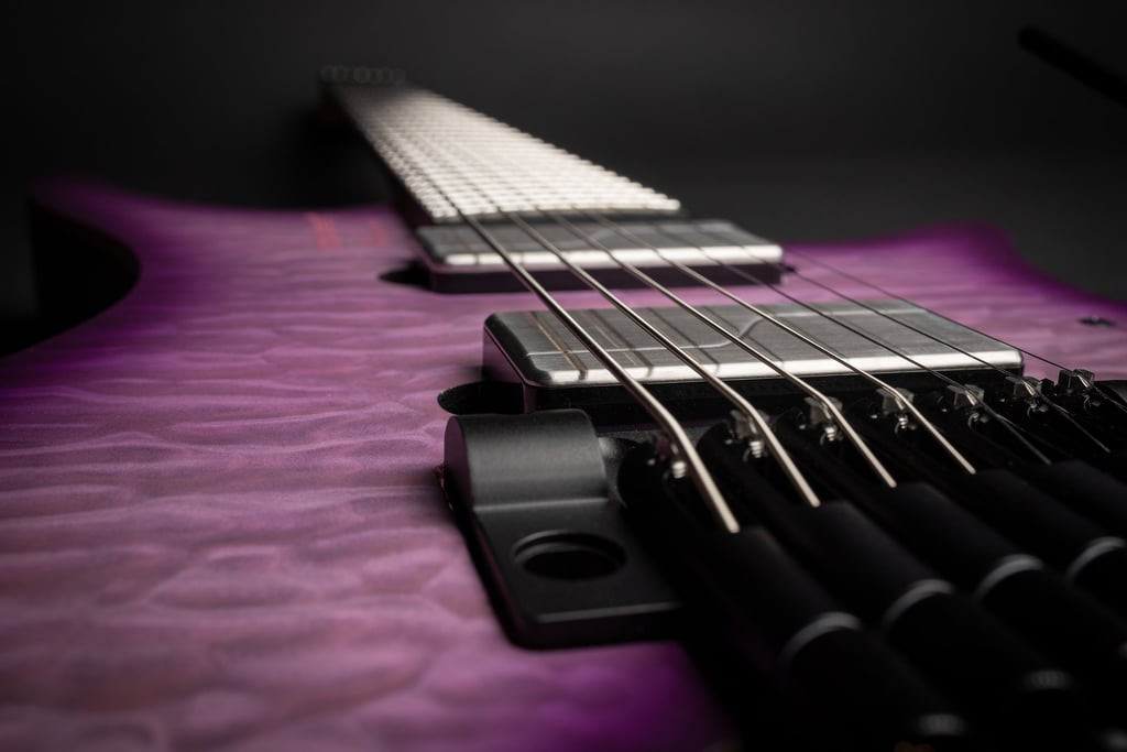 Strandberg Boden Prog NX 7 string headless guitar in Twilight Purple, showcasing its ergonomic design and extended range capabilities.